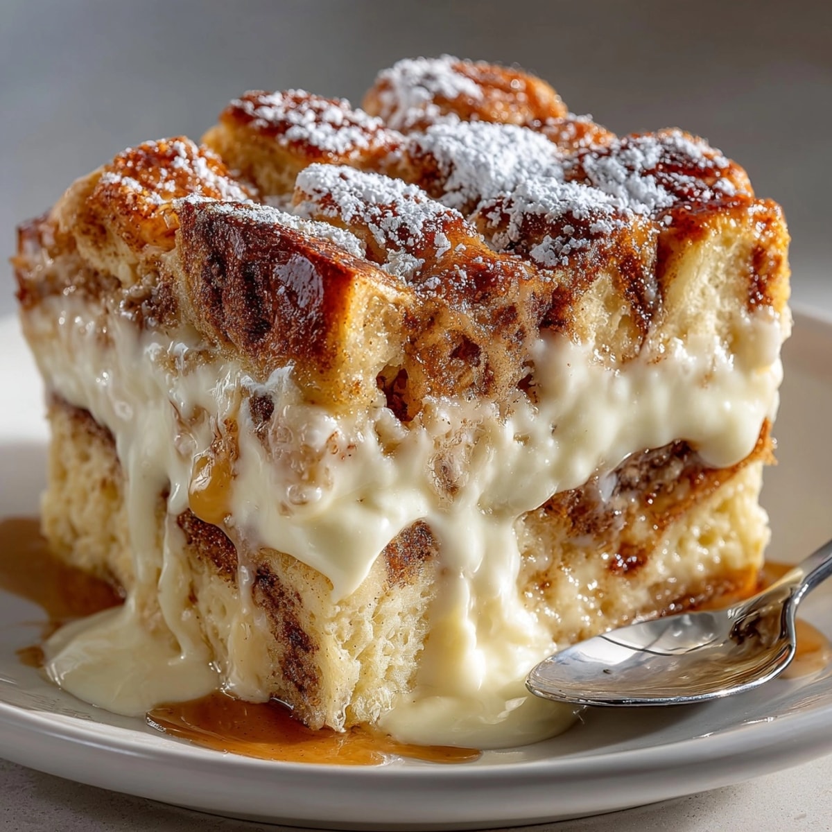 Golden cinnamon roll bread pudding bursting with gooey cinnamon and creamy custard filling.