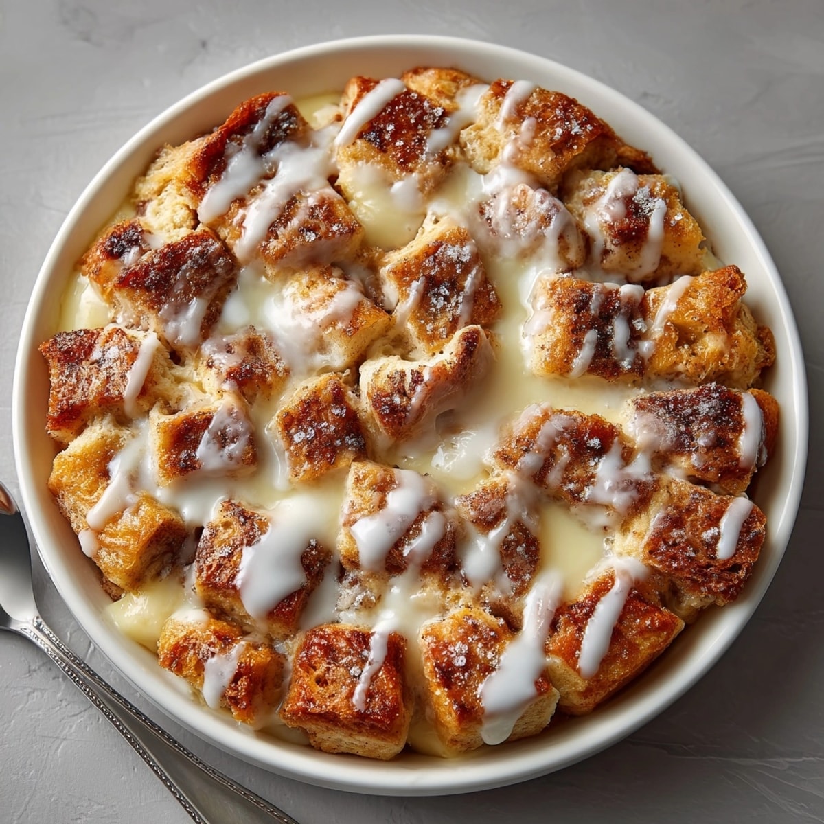 Decadent cinnamon roll bread pudding on a white plate, topped with vanilla glaze and pecans.