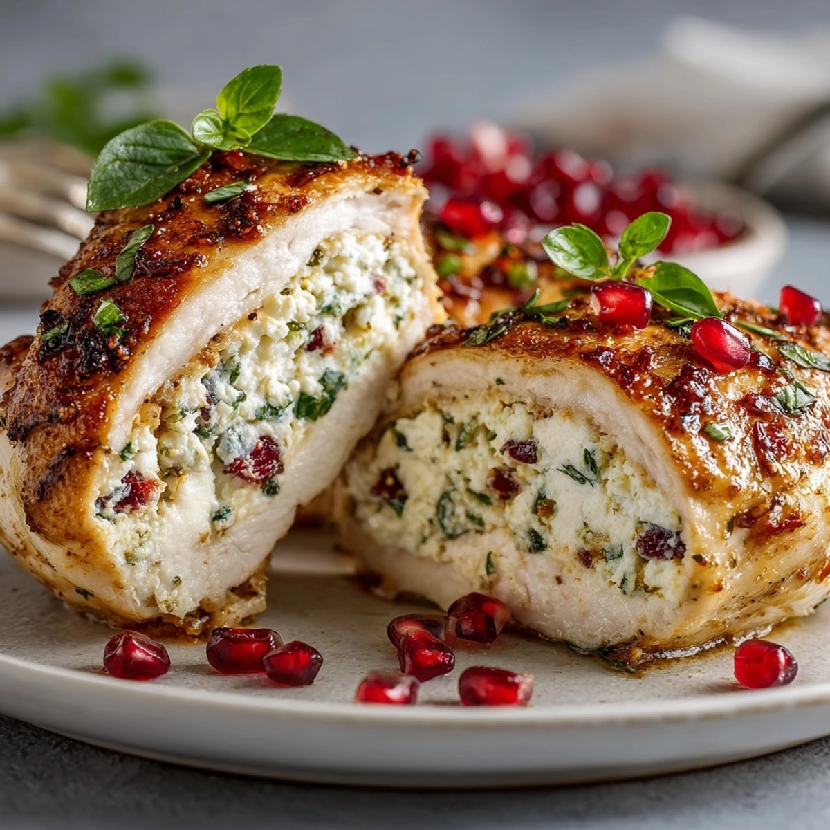 Close-up of roasted Ricotta and Pomegranate Stuffed Chicken, garnished with fresh herbs and juicy pomegranate arils.