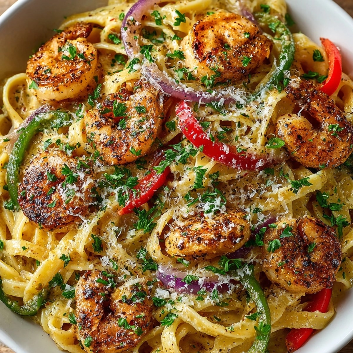 Cajun Chicken and Shrimp Pasta served in a creamy sauce with colorful bell peppers and parsley garnish.
