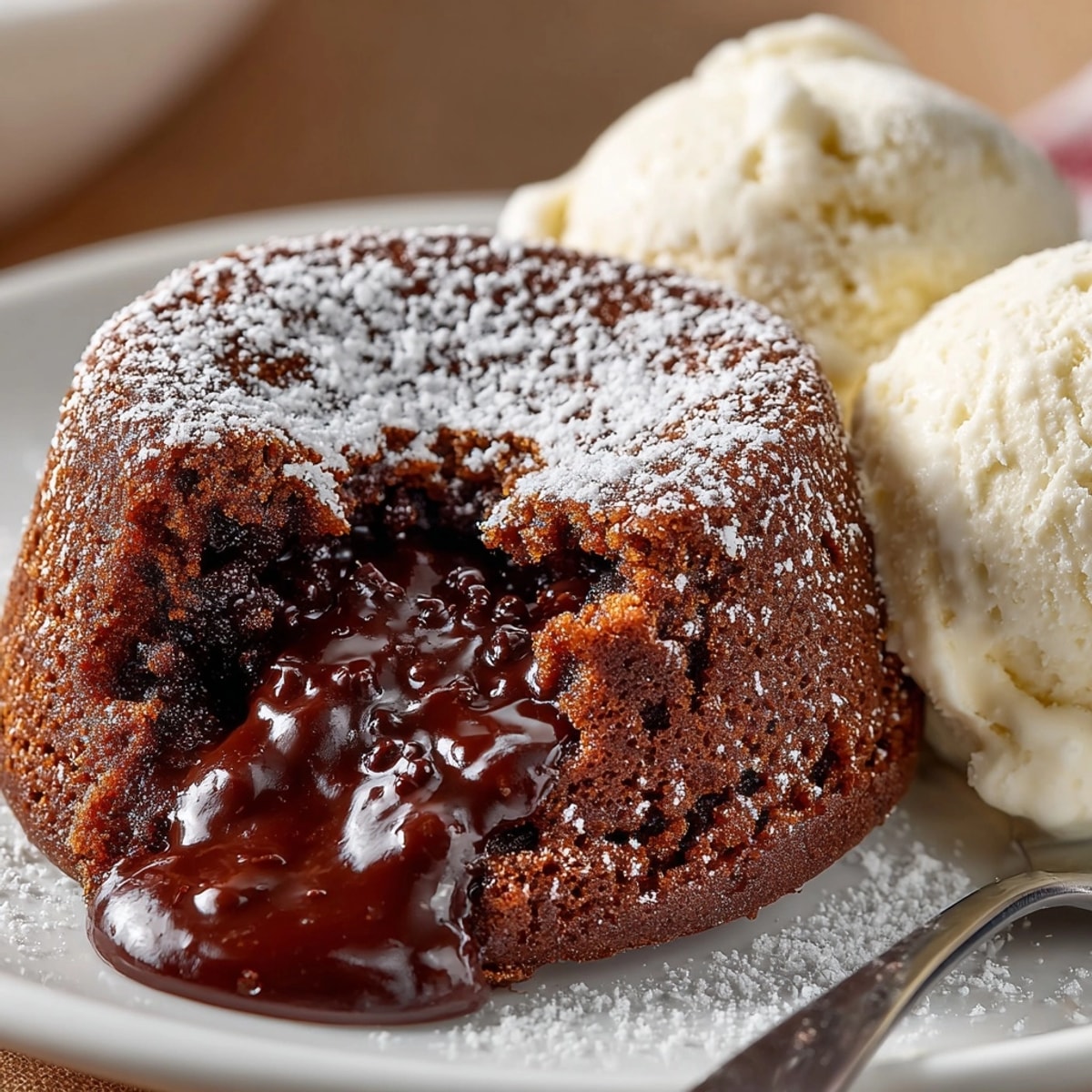 Rich cinnamon spiced chocolate lava cakes with molten centers, dusted with powdered sugar.