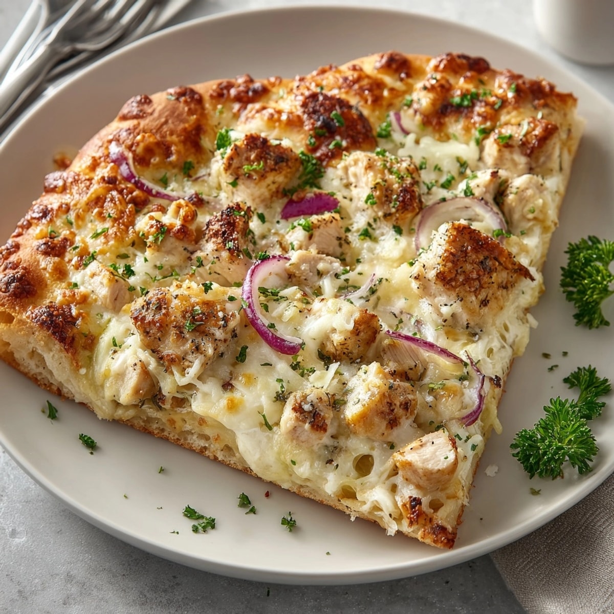 Sliced Garlic Alfredo Chicken Pizza served hot, creamy sauce and tender chicken inviting each bite.
