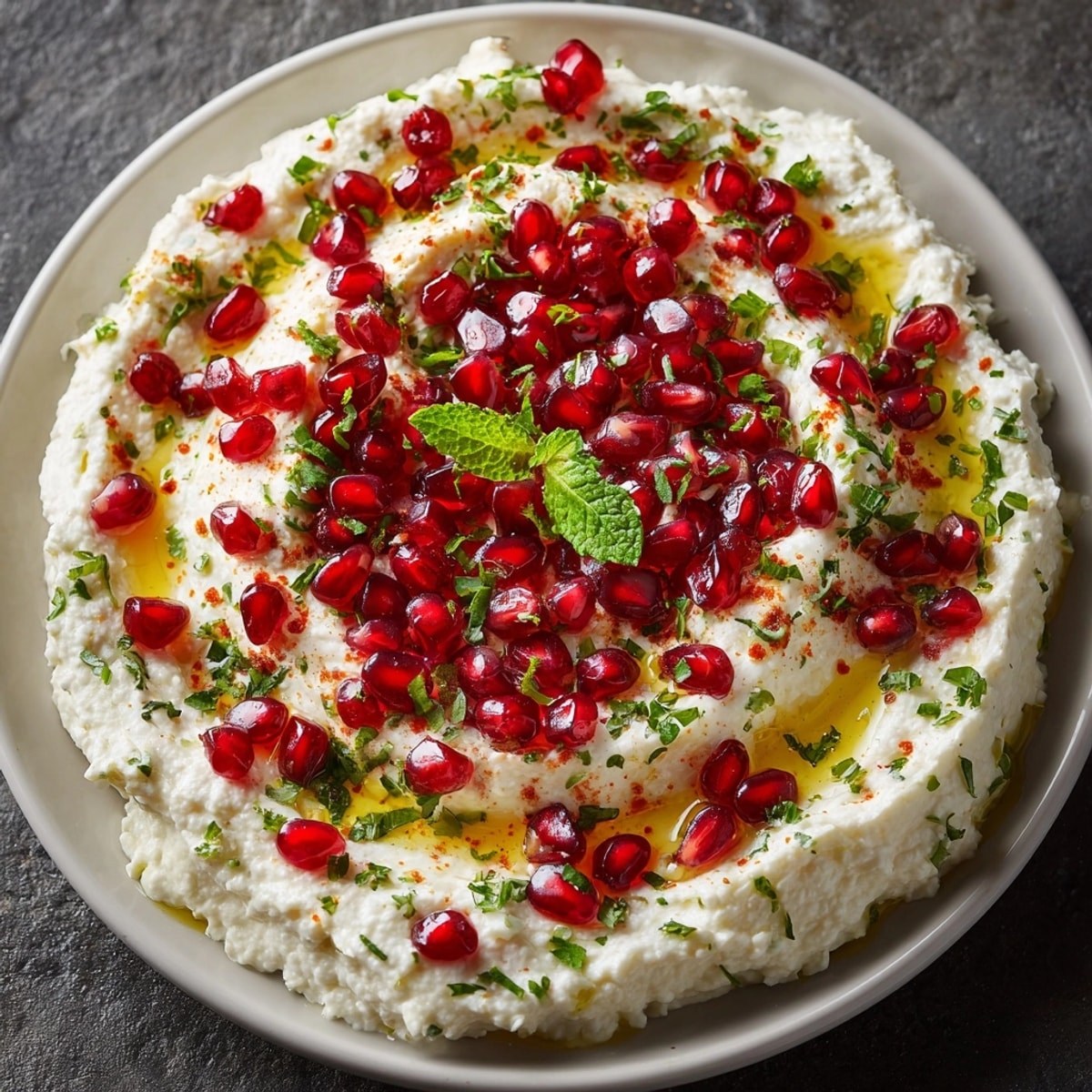 Festive Mediterranean-style pomegranate and feta cheese dip garnished with mint and scallions.