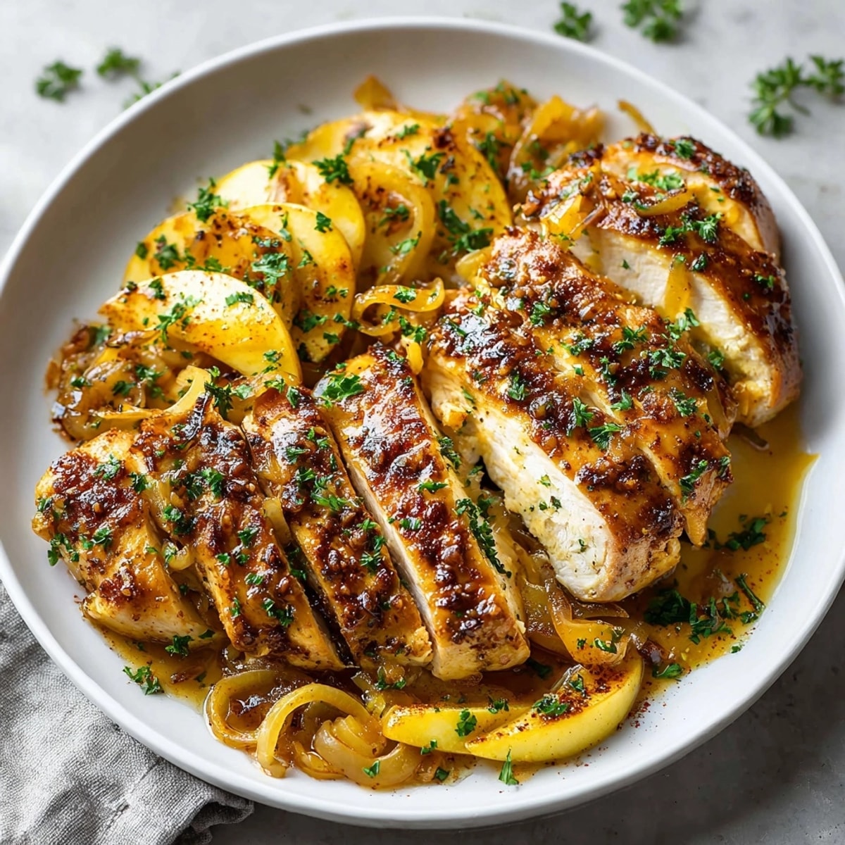 Apple and cinnamon baked chicken with golden apples and onions fresh from the oven.