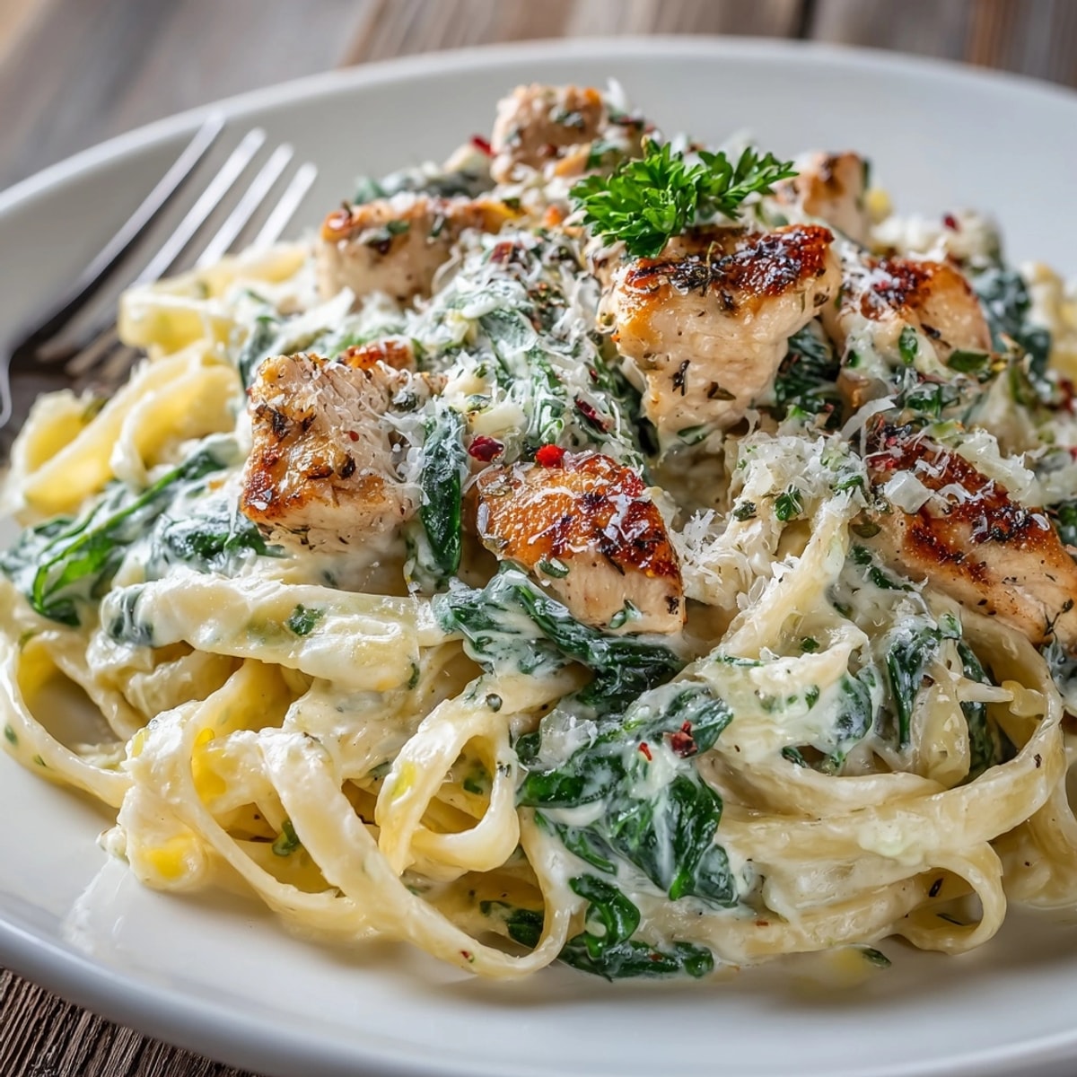 Creamy chicken Alfredo pasta served hot in a skillet with wilted spinach and Parmesan.