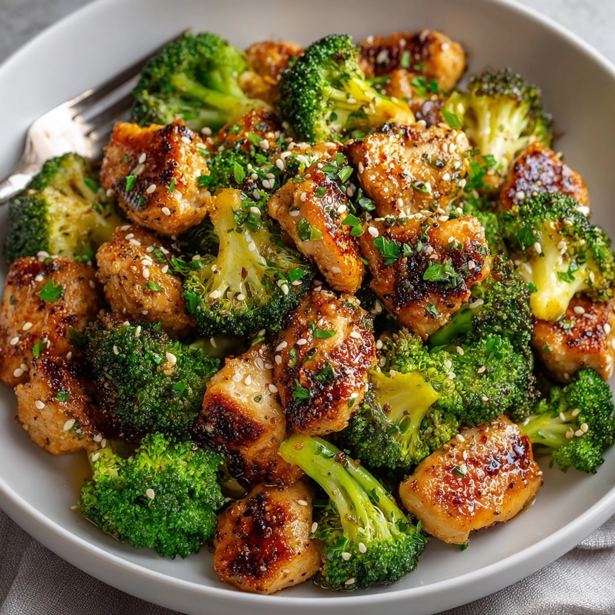 Juicy Garlic Butter Chicken & Broccoli with golden chicken pieces and vibrant green vegetables, ready for dinner.