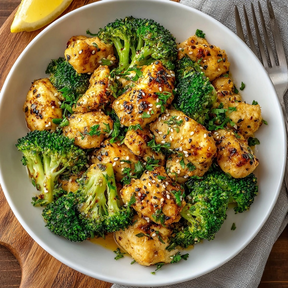One-pan Garlic Butter Chicken & Broccoli plated hot, perfect for a speedy, flavorful weeknight meal.