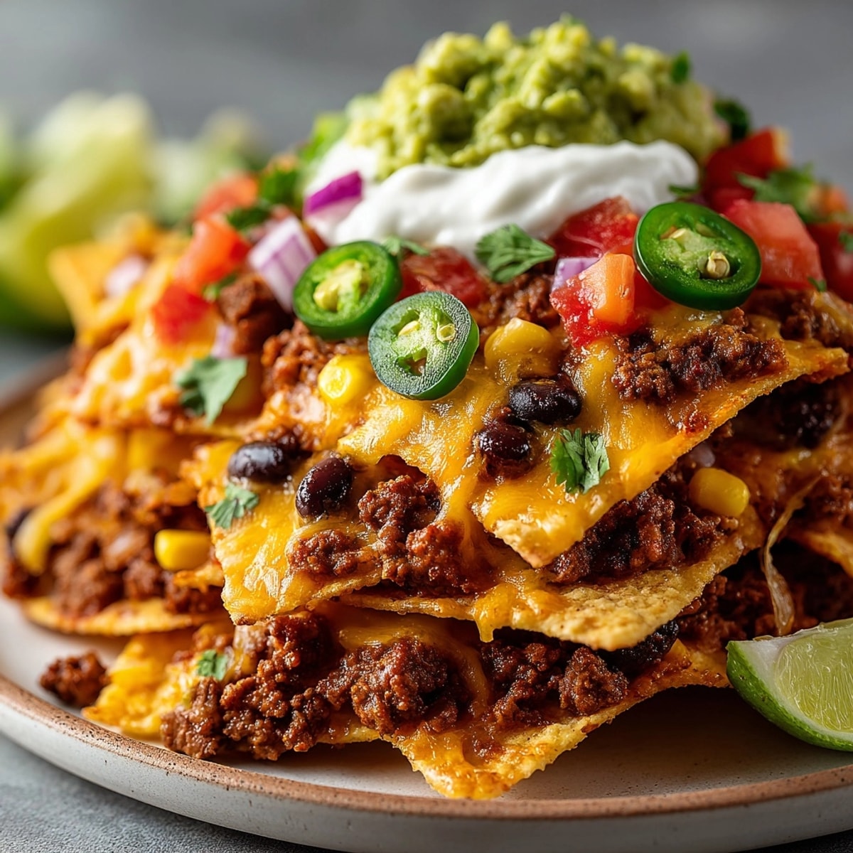 Loaded nachos piled high with melted cheese, seasoned meat, and colorful fresh toppings.