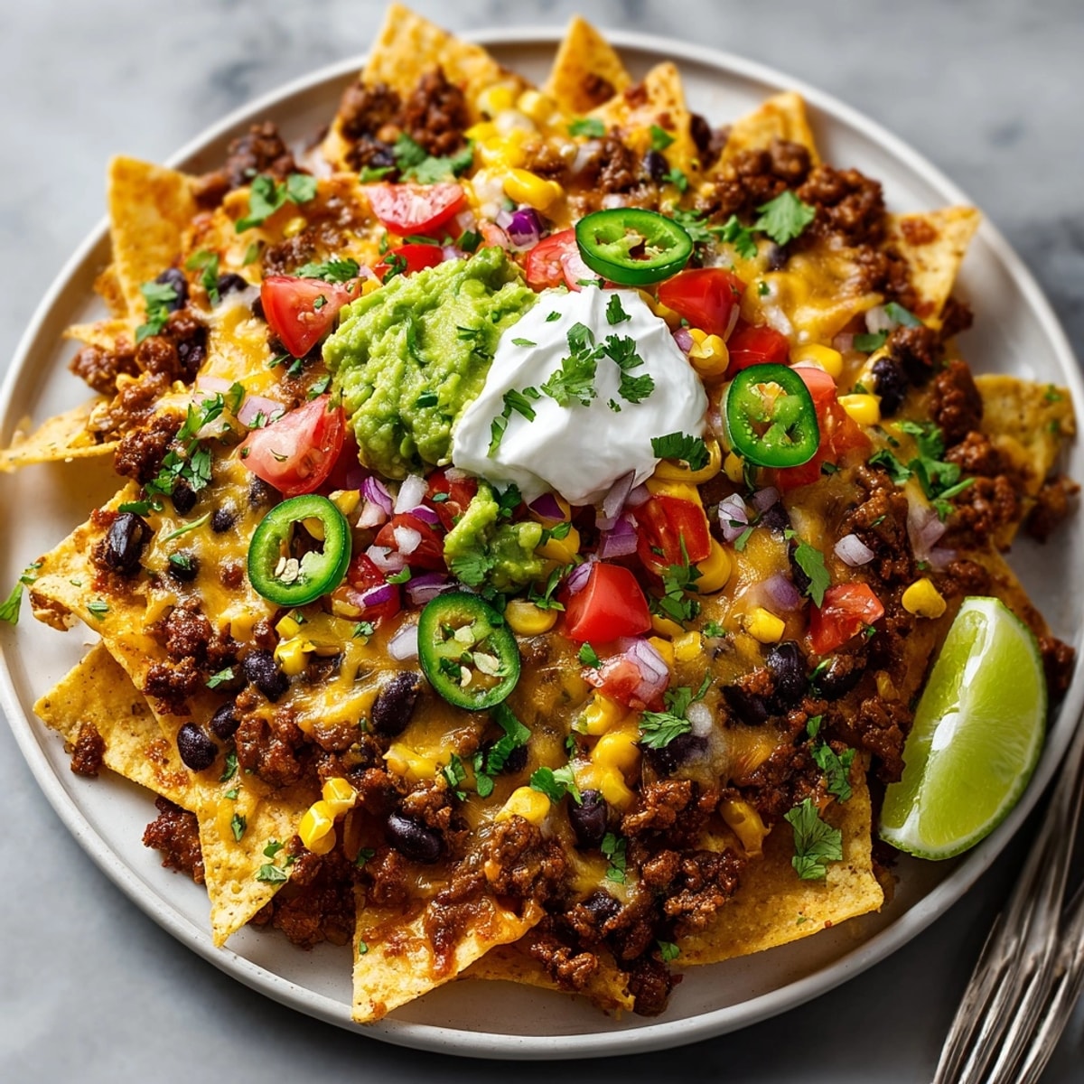 Close-up of loaded nachos on a baking sheet, cheese bubbling and veggies scattered on top.