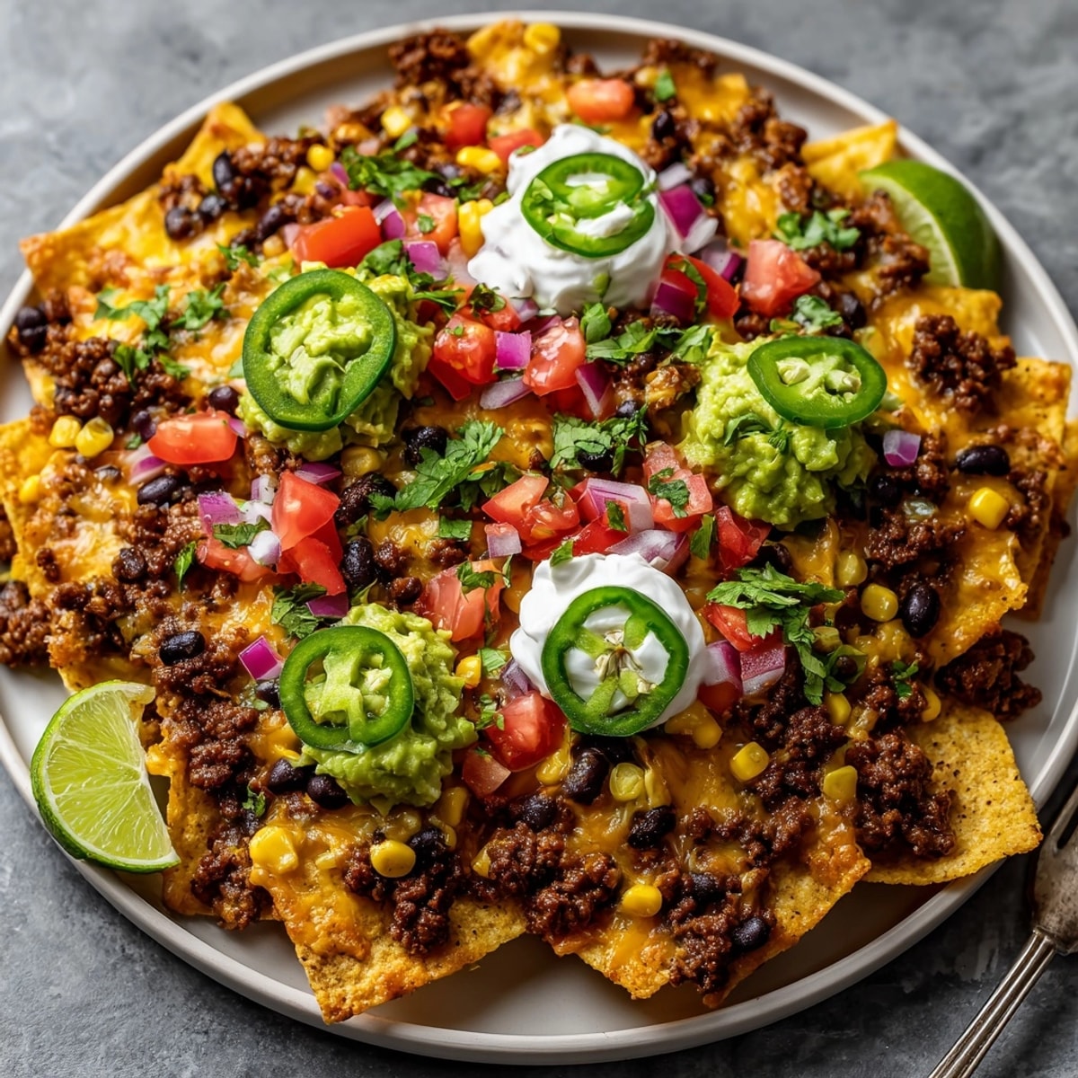 Loaded nachos served with creamy guacamole and sour cream, perfect for sharing at parties.