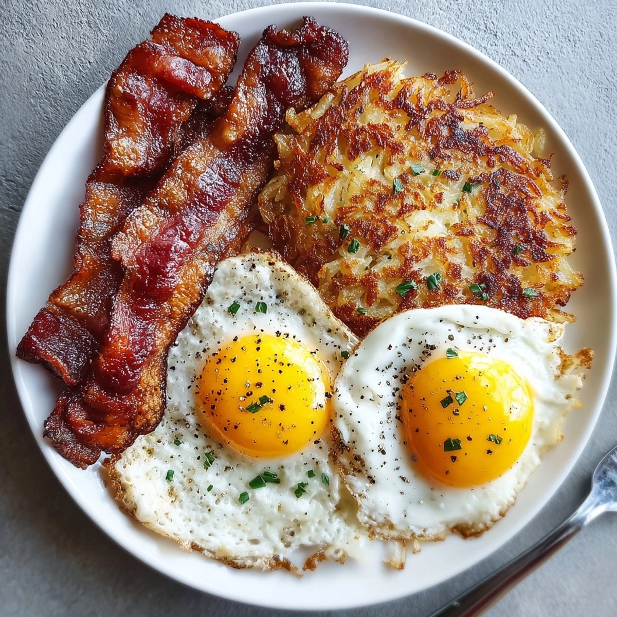 Bacon, eggs, and hash browns served hot with crispy textures and golden colors.