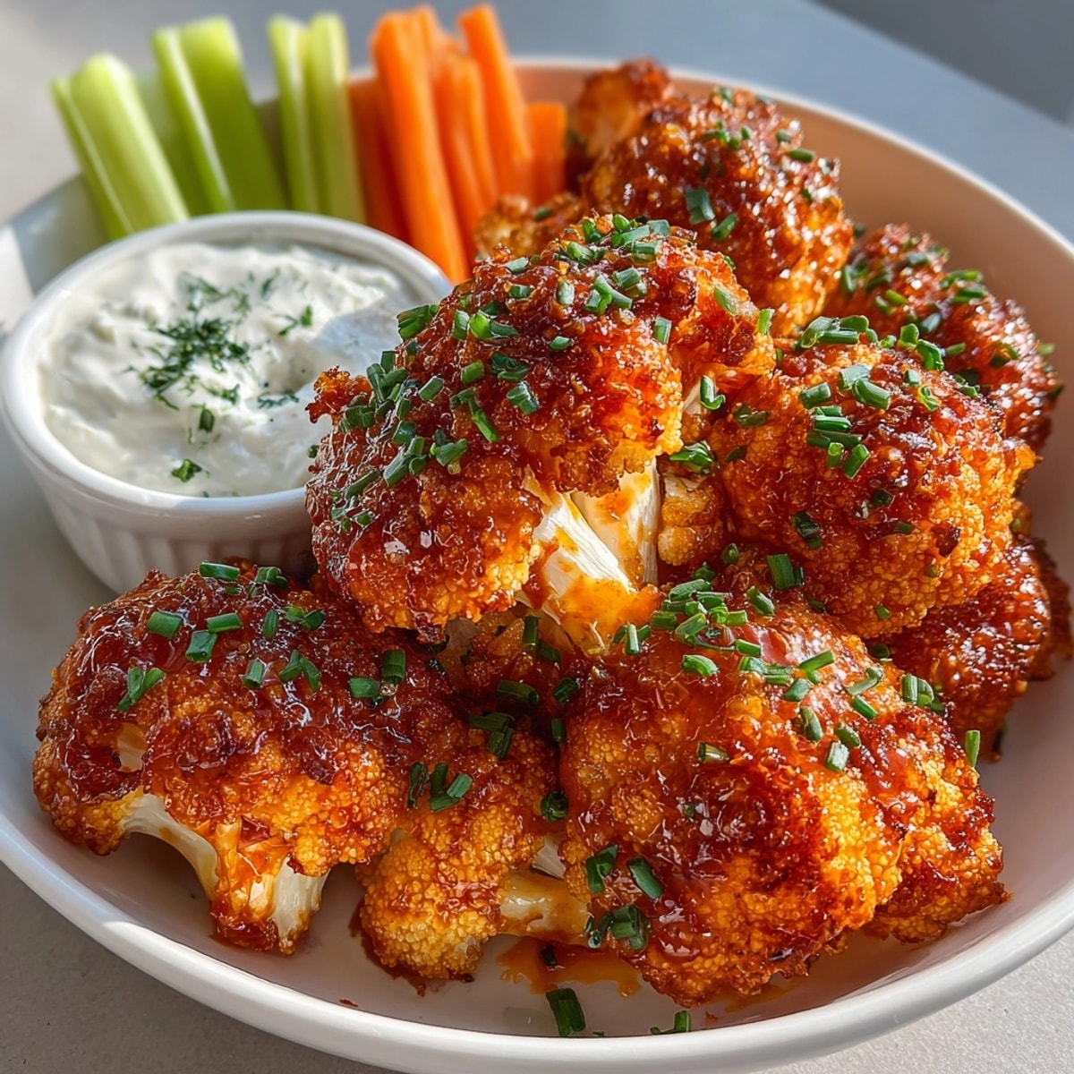 Buffalo Cauliflower Wings served hot and crispy with creamy ranch dip and fresh veggies.