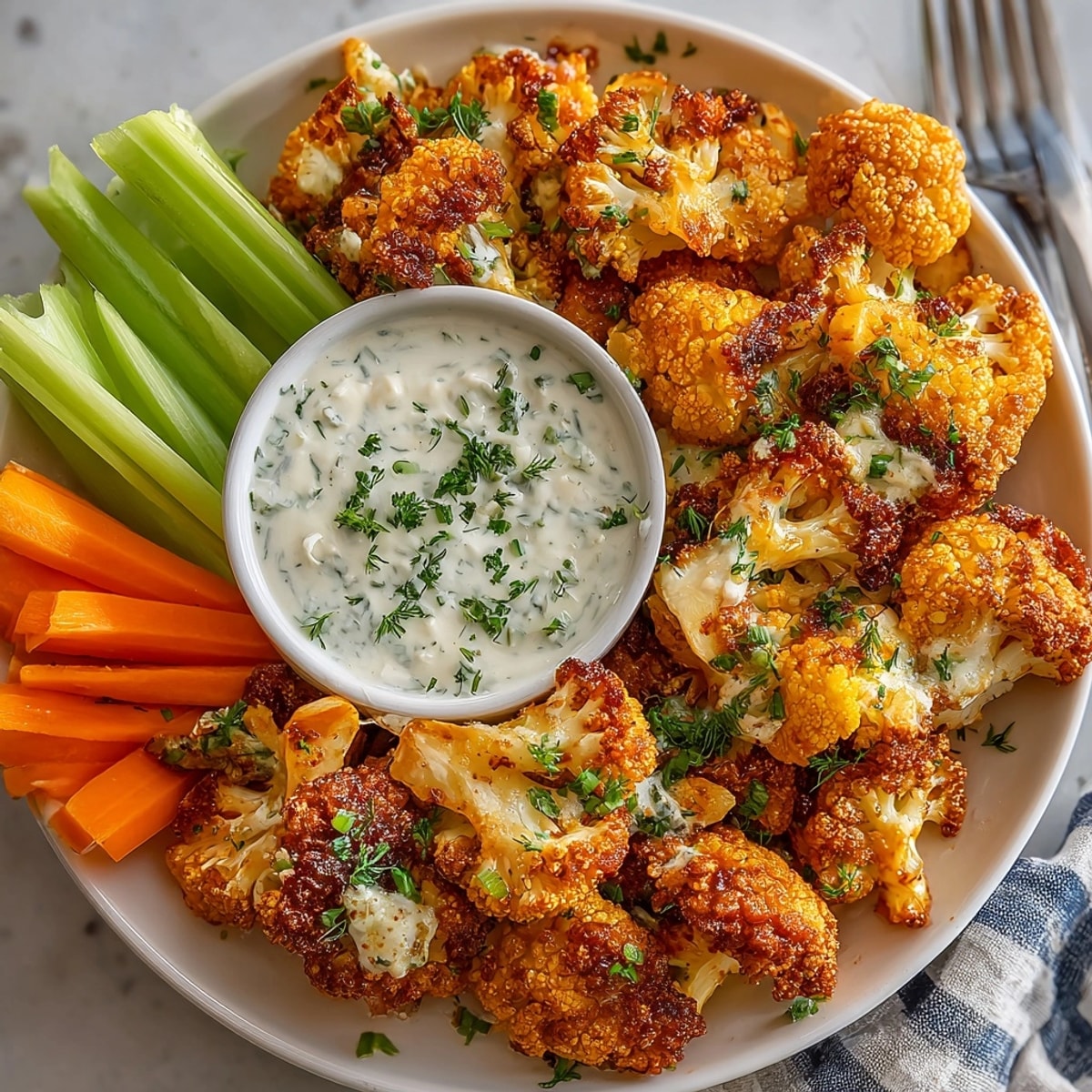 Close-up of Buffalo Cauliflower Wings, glistening with tangy buffalo sauce, ready for game day.