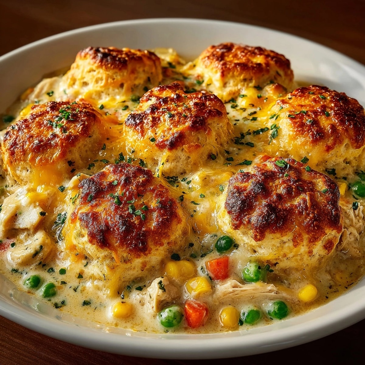 Cheesy Skillet Chicken Pot Pie Casserole bubbling in a golden, cheesy biscuit crust, served hot.
