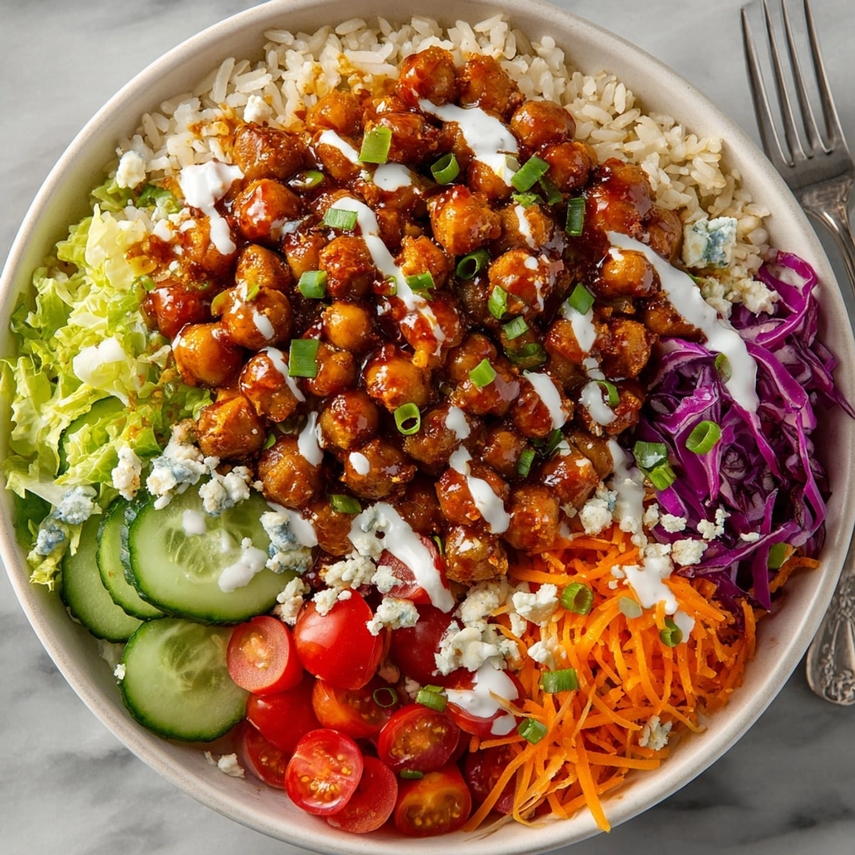 Colorful 15-Minute Buffalo Chickpea Meal Prep Bowls with creamy ranch dressing and crisp veggies ready to serve