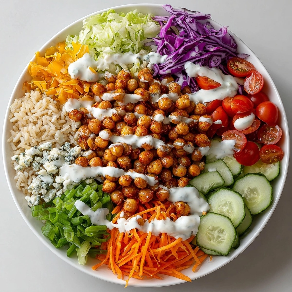 Healthy 15-Minute Buffalo Chickpea Meal Prep Bowls garnished with green onions and crumbled blue cheese for lunch