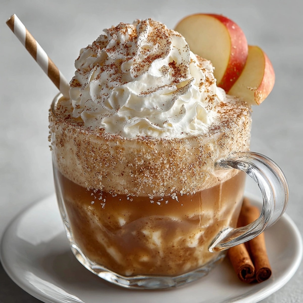Rebel Float Apple Cider with Cinnamon Ice Cream served steaming in a glass mug, swirled with frothy whipped cream.