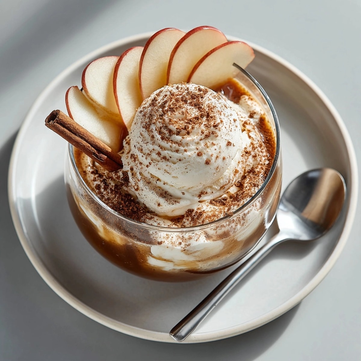 Cozy American rebel float apple cider with cinnamon ice cream, accented by apple slices and festive spices.