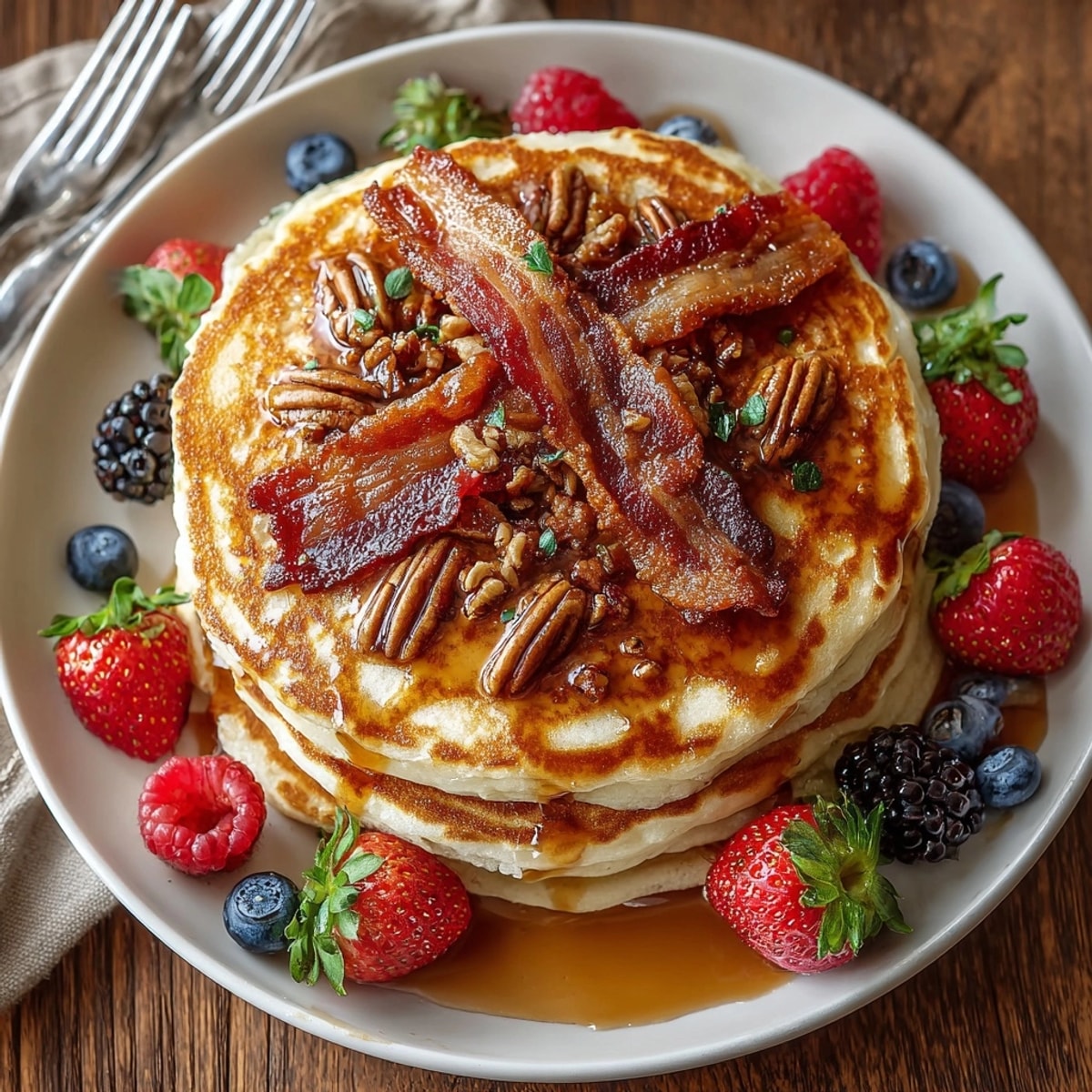 Thick brown butter maple bacon pancakes layered with bacon strips, dripping with rich maple syrup.