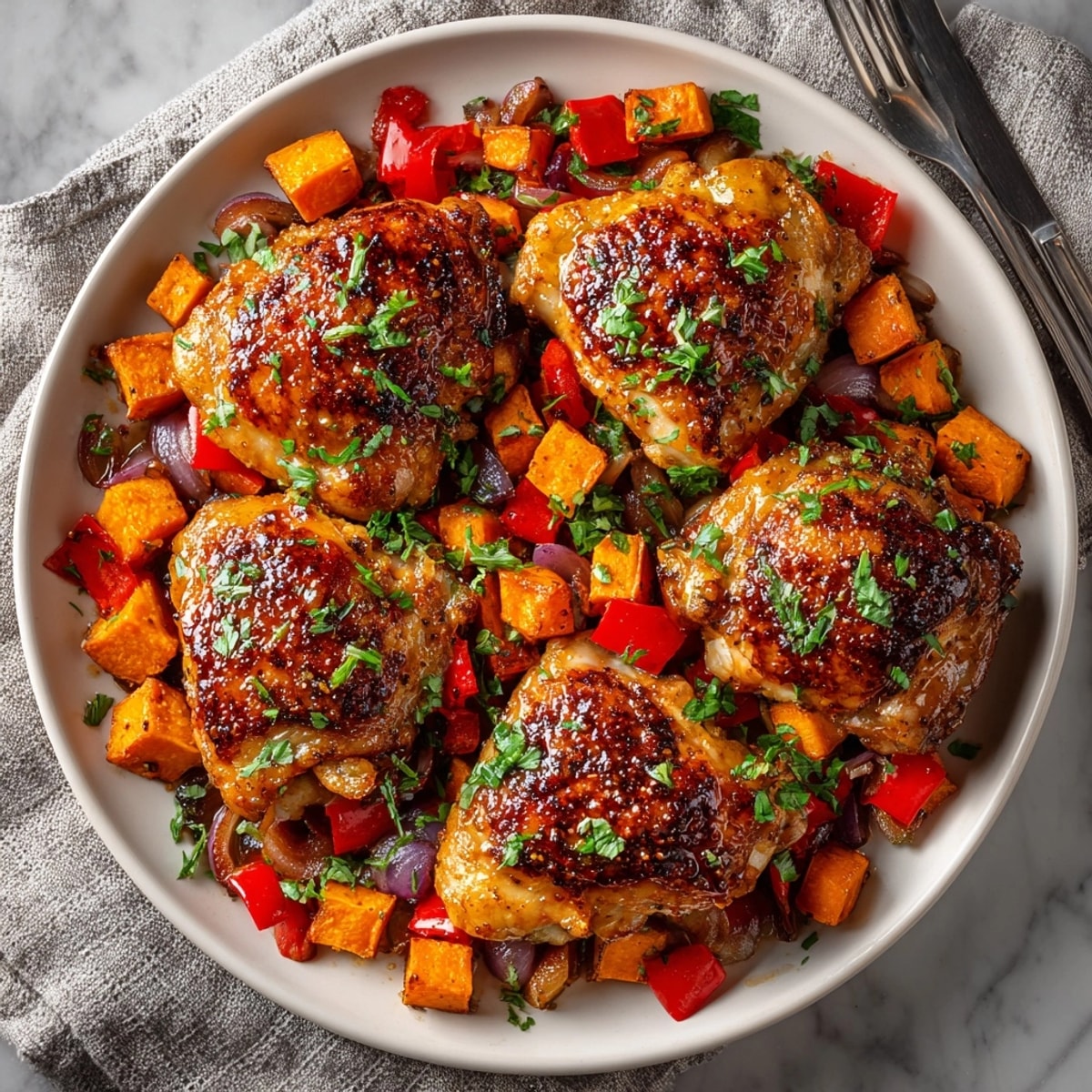 One-Pan Honey Garlic Chicken with Sweet Potato Hash served hot, chicken glistening and hash caramelized.
