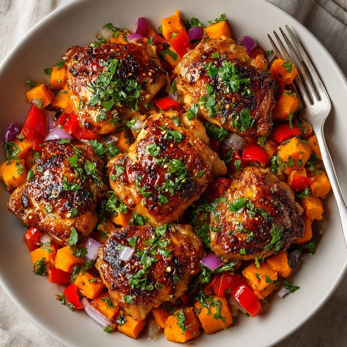 Close up of roasted one-pan honey garlic chicken and sweet potato hash, crispy skin and vibrant veggies.