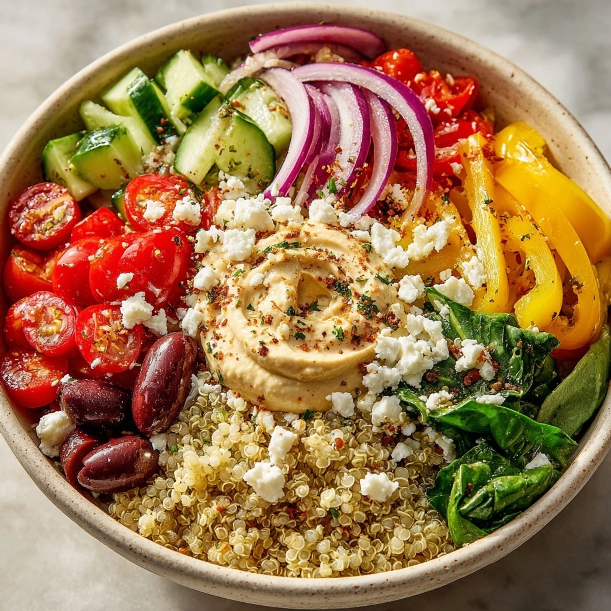 Mediterranean Quinoa Power Bowl with Lemon Tahini, featuring colorful veggies and creamy hummus drizzle.