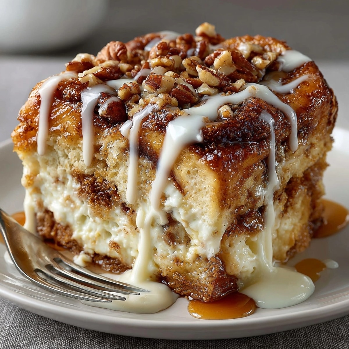 All-American Cinnamon Roll French Toast Casserole fresh from the oven, topped with chopped pecans and sweet icing.