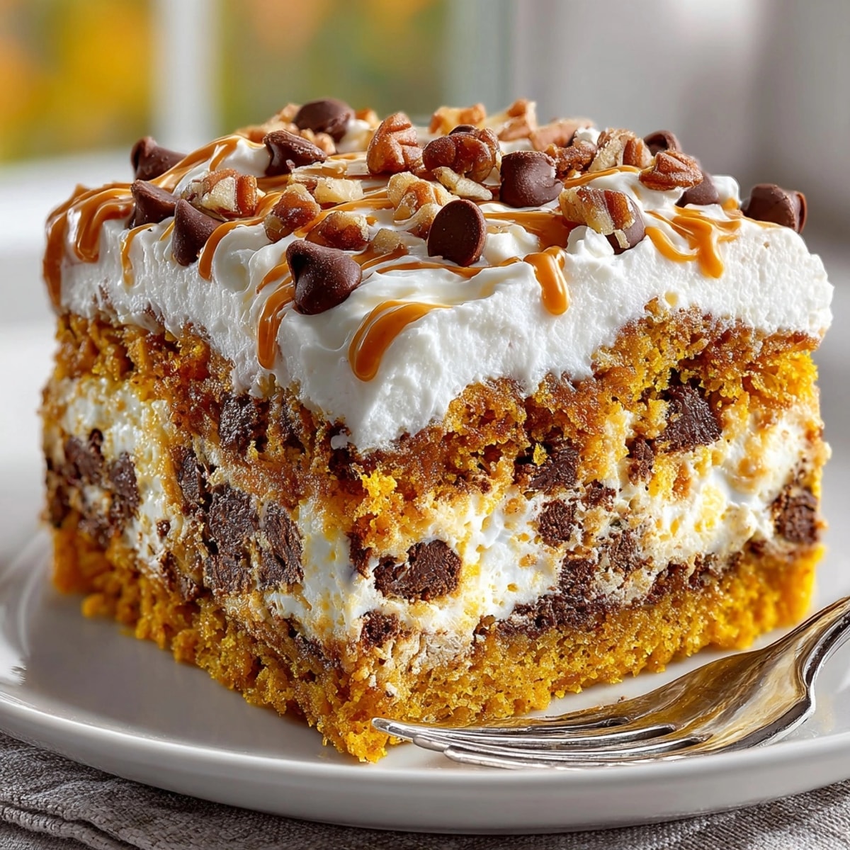 Chaos Cake Pumpkin Spice Disaster with Cream Cheese Swirls featuring marbled cream cheese and scattered chocolate chips on a rustic platter.