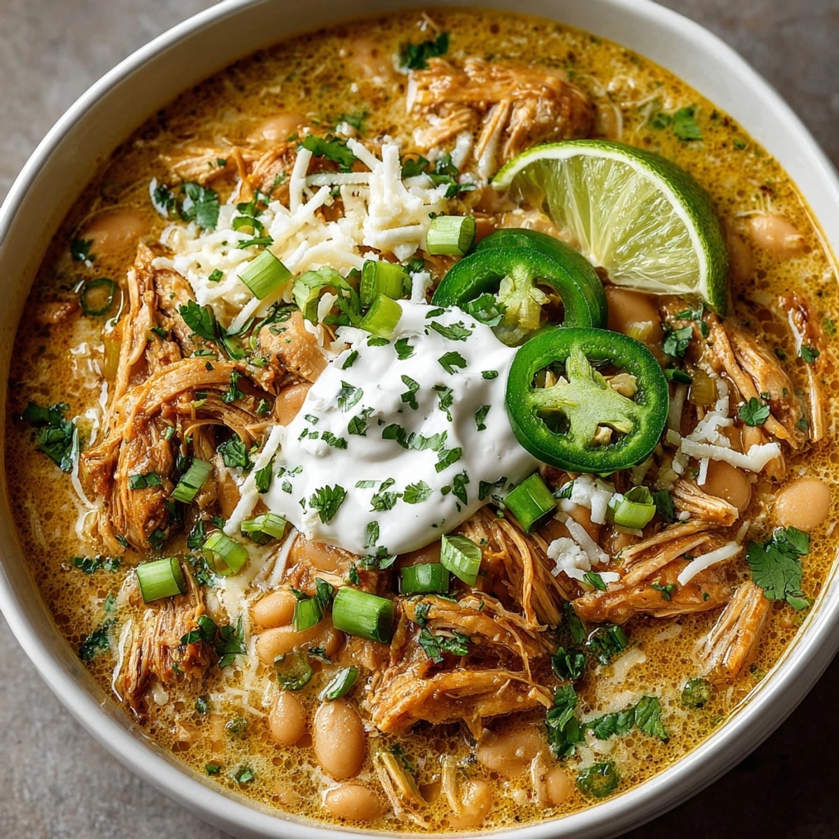 Crockpot White Chicken Chili with Secret Ingredient Beans served steaming hot, topped with fresh cilantro and lime.