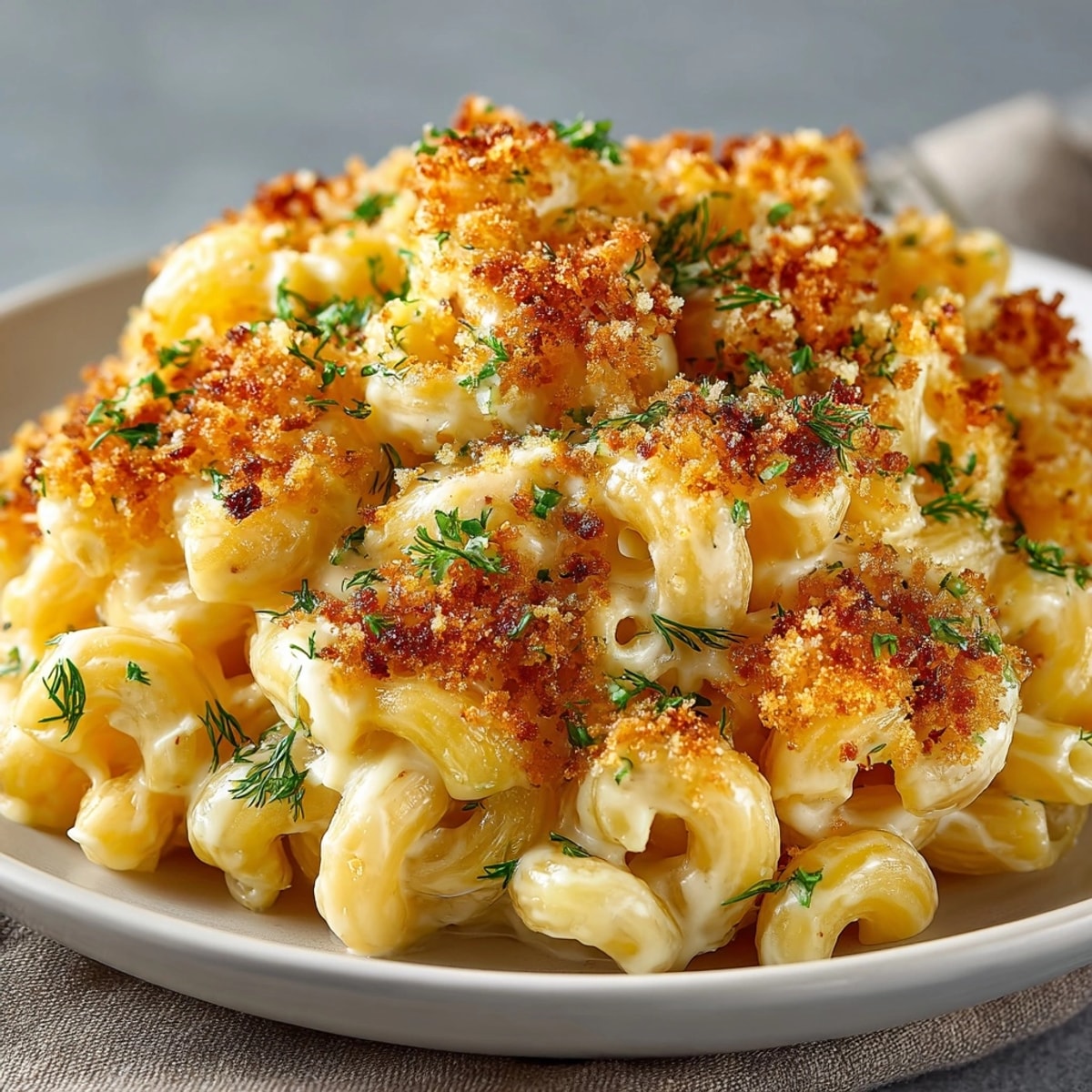 Pickle-Fix Dill Pickle Mac and Cheese Bake fresh from the oven with bubbling cheese and golden breadcrumbs.