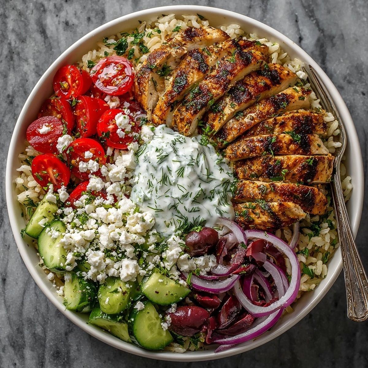 Meal prep containers filled with savory Greek Chicken Bowls, herbed rice, crisp veggies, and tangy sauce.
