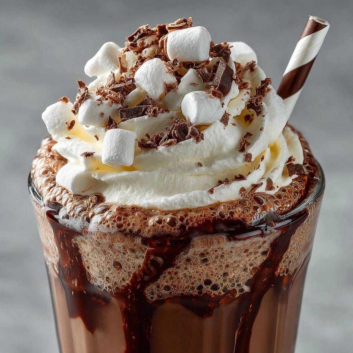 Rebel Float Hot Chocolate with Marshmallow Cream Soda topped with fluffy whipped cream and mini marshmallows.