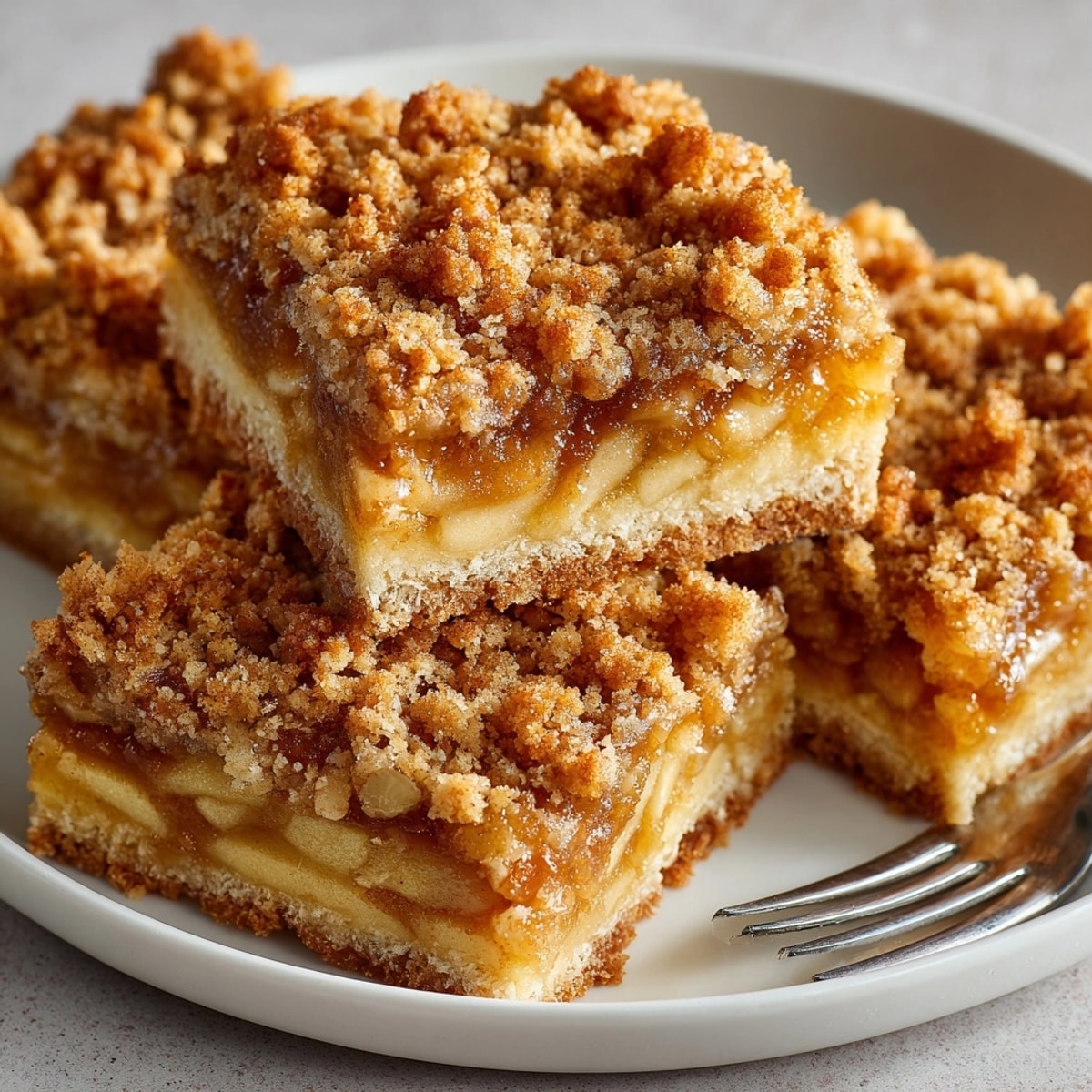 Plateful of Sweet Comfort Apple Crisp Bars with Oat Crumble served warm, oozing spiced apple aroma.