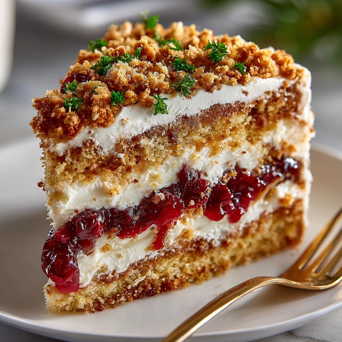 Chaos Cake Turkey Day Disaster with Stuffing Sprinkles topped with crunchy bread crumbs and cranberry compote layers.