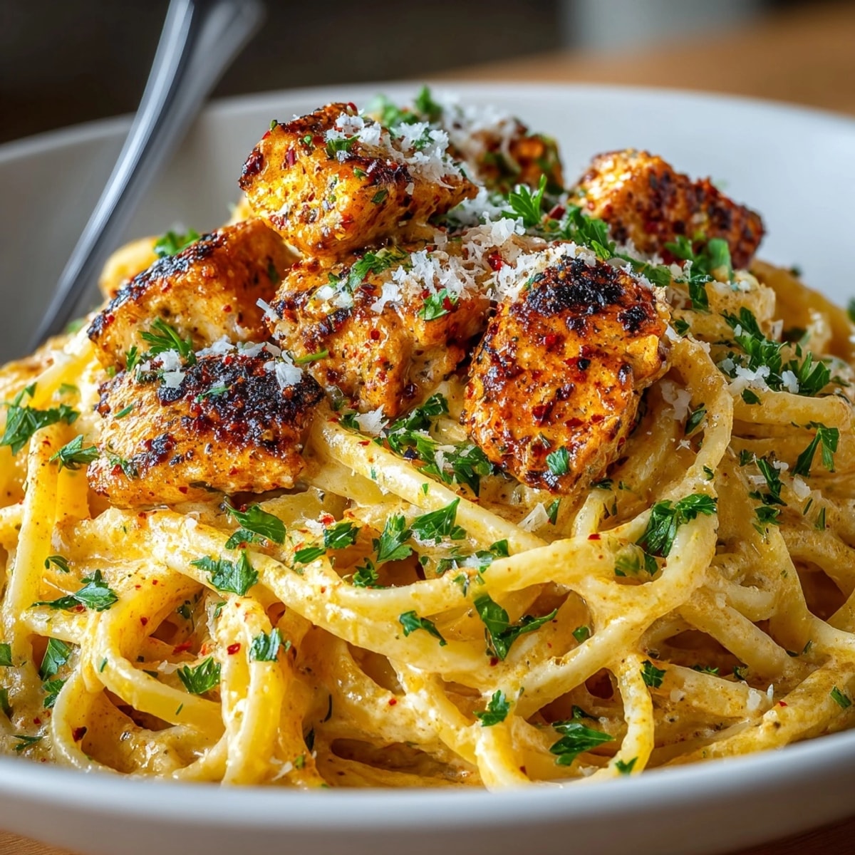 Golden Cowboy Butter Chicken Linguine glistening with rich, creamy sauce and fresh parsley garnish.