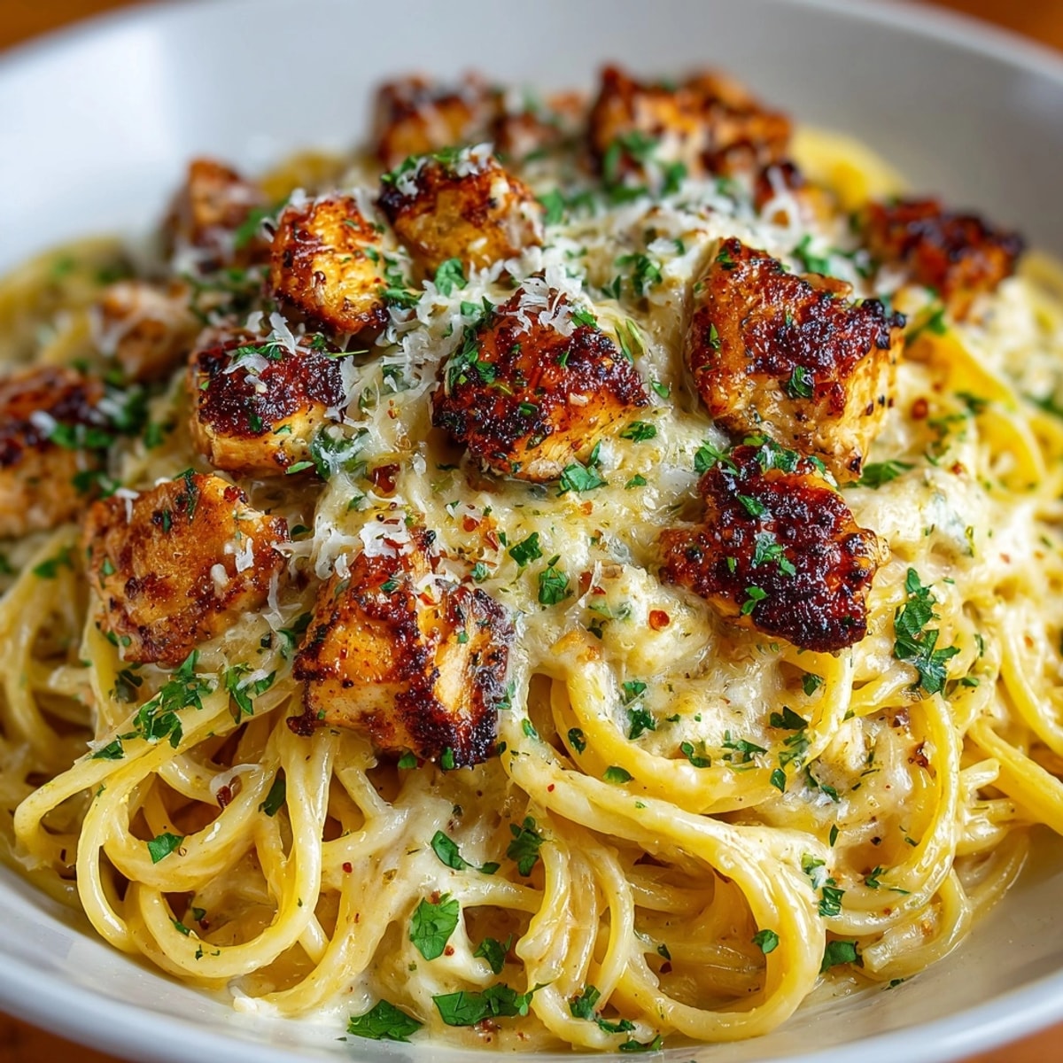 Golden brown Monterey Chicken Spaghetti, creamy cheese melting over hearty pasta, ready to serve.