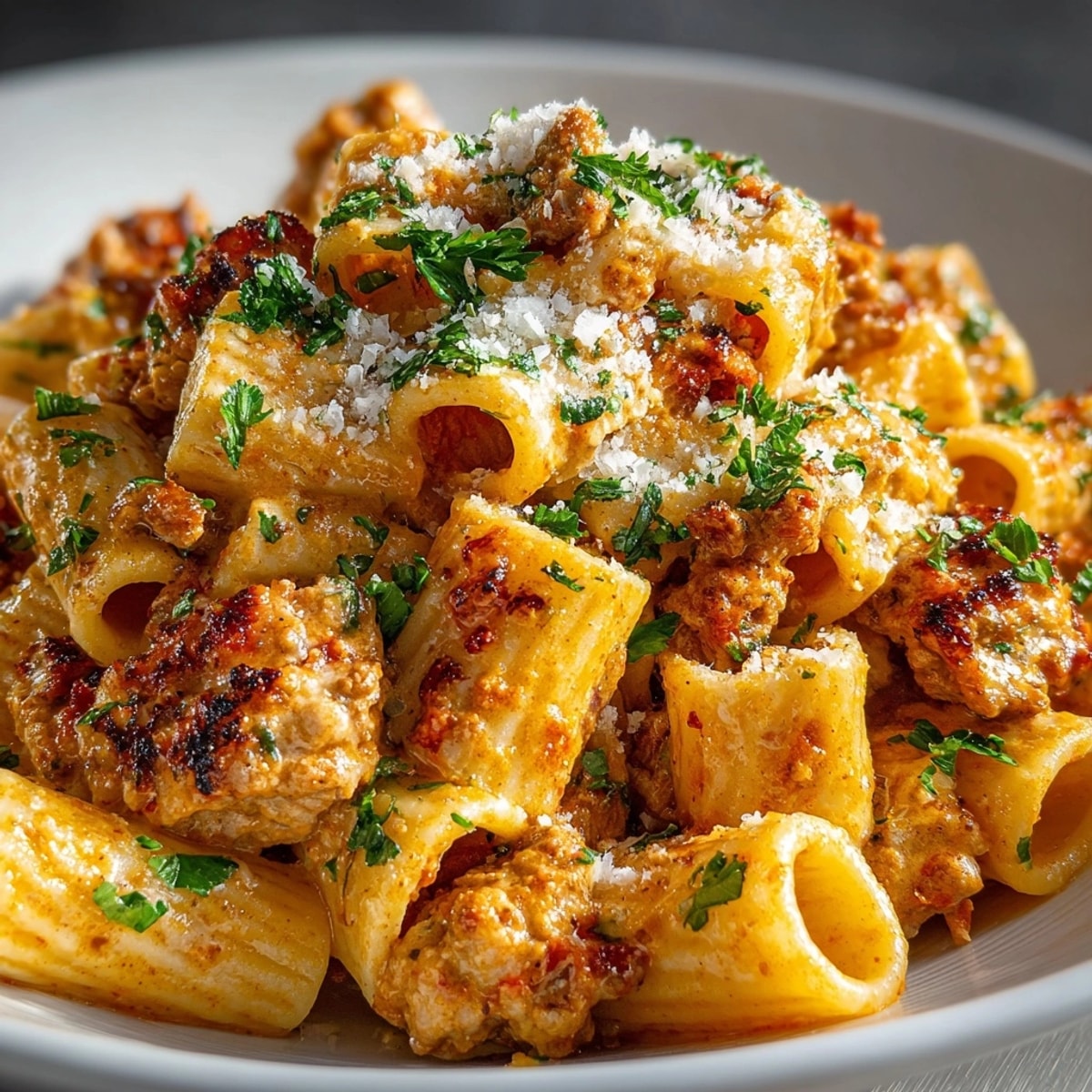 Cheesy Ground Turkey Pasta served in a bowl, the flavorful sauce coating the pasta beautifully.