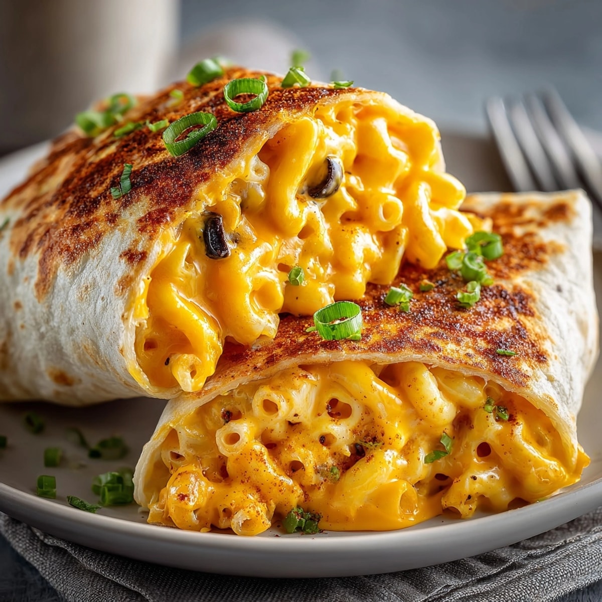 Warm Halloween Orange Cheddar Mac Wraps, inside soft tortillas with melted orange cheese topping.