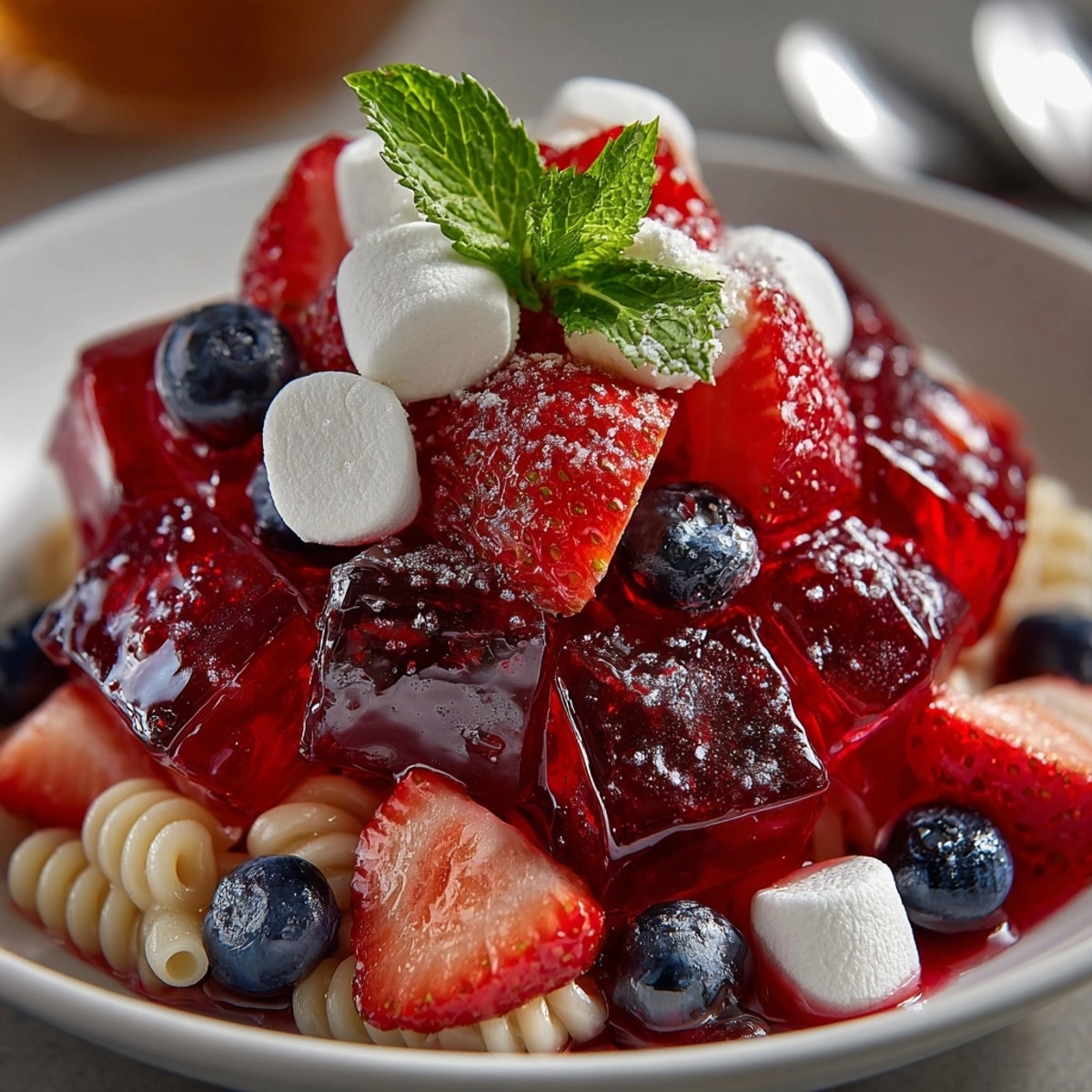 Rebel Soda Jello Parfait Pasta Salad: A vibrant layered salad with colorful Jello cubes and creamy parfait.