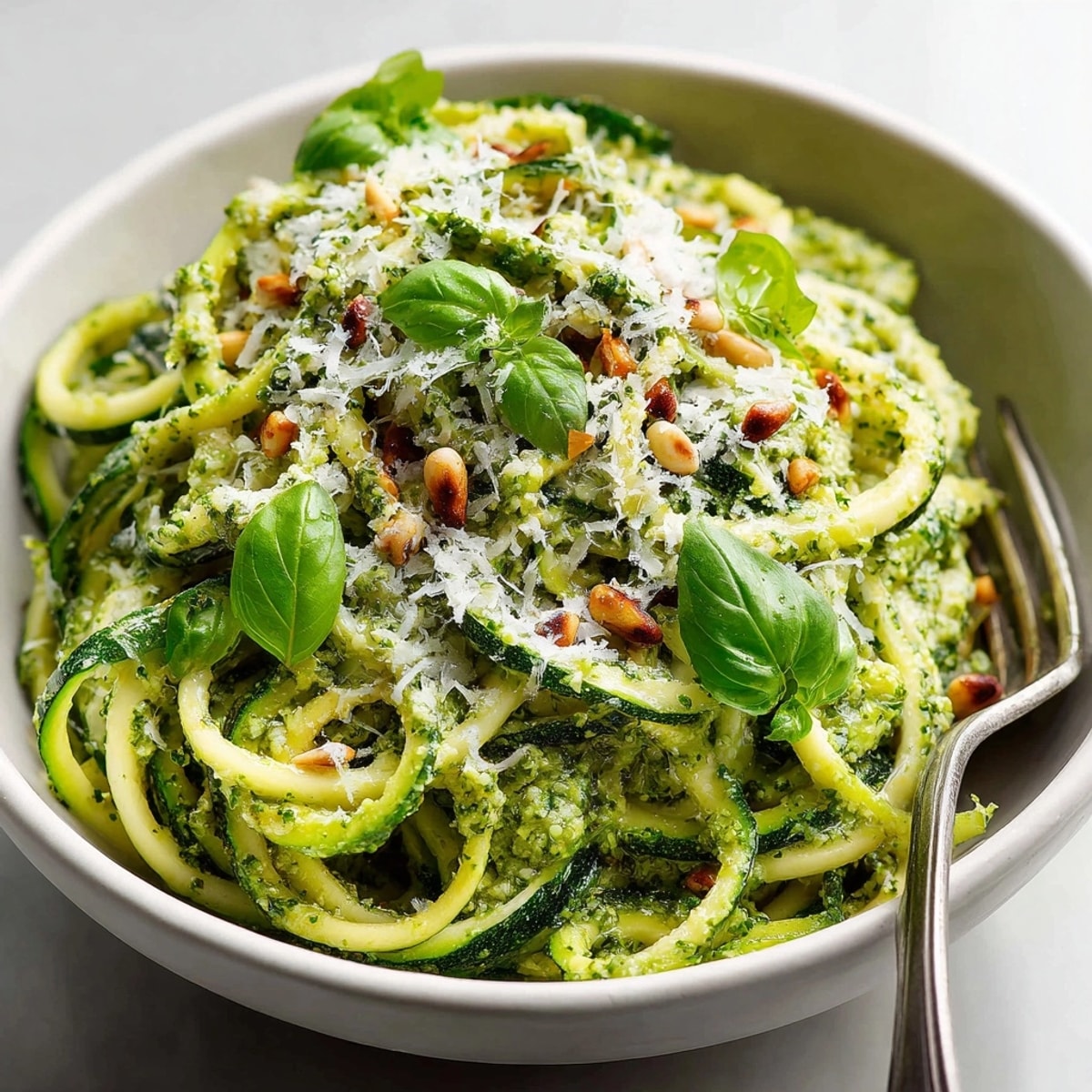 Close-up of bright green zucchini noodles with pesto visually appealing, garnished for this flavorful dish.