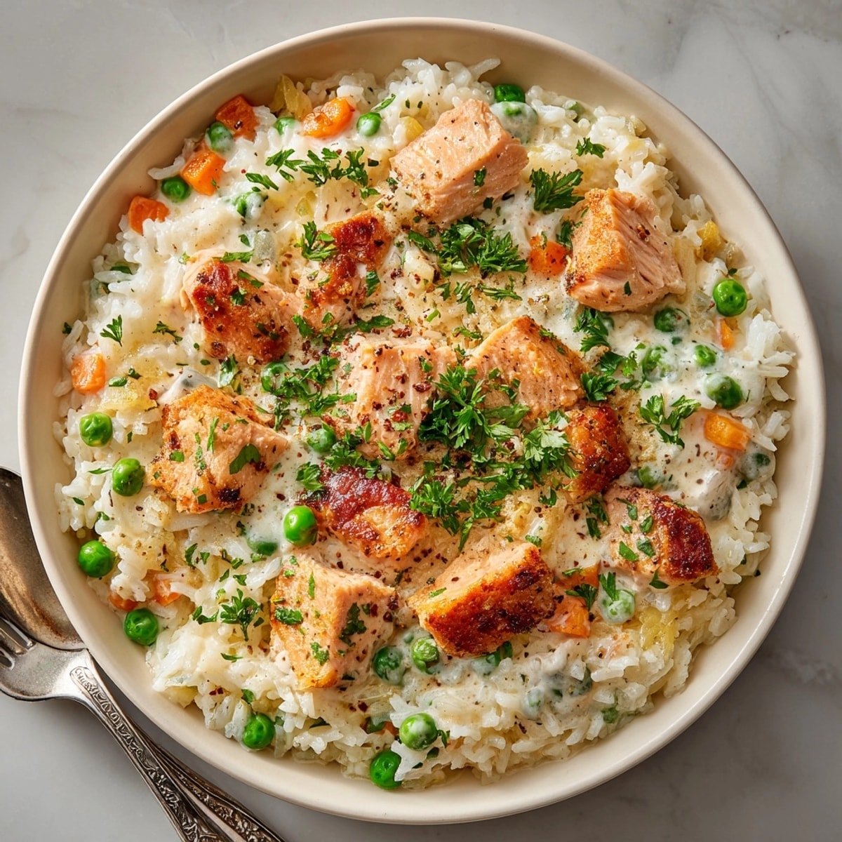 Perfectly cooked, delicious One-Pot Creamy Chicken and Rice in a skillet, ready to enjoy tonight.