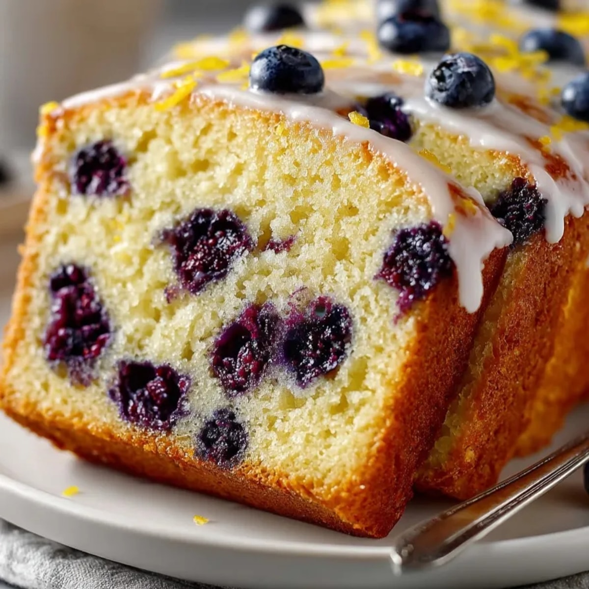 A warm slice of Blueberry Lemon Pancake Bread shows the juicy blueberries and lemon zest.