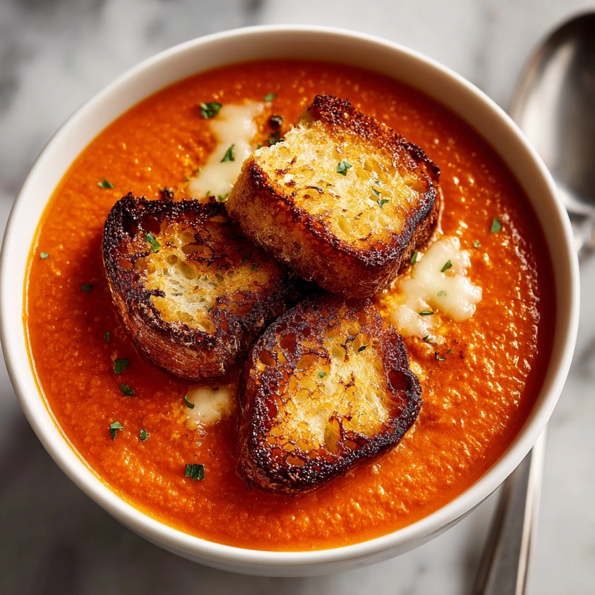 Steaming bowl of creamy tomato soup, garnished with golden grilled cheese croutons; a comforting meal.