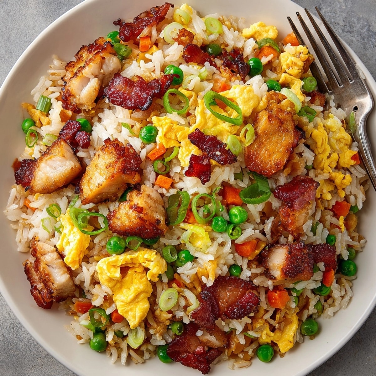 Chicken Fried Rice with Bacon: A tempting plate of savory rice stir-fry with visible crispy bacon pieces.