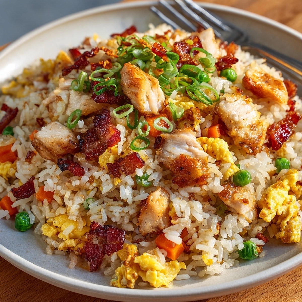 Chicken Fried Rice with Bacon features fluffy rice, golden chicken, and colorful vegetables, ready to eat.
