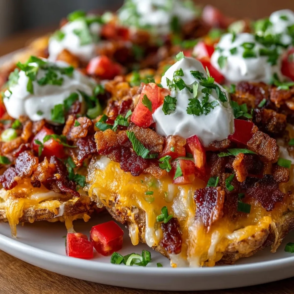 Golden brown Loaded Potato Skin Nachos topped with melted cheese, bacon, and fresh, vibrant additions.