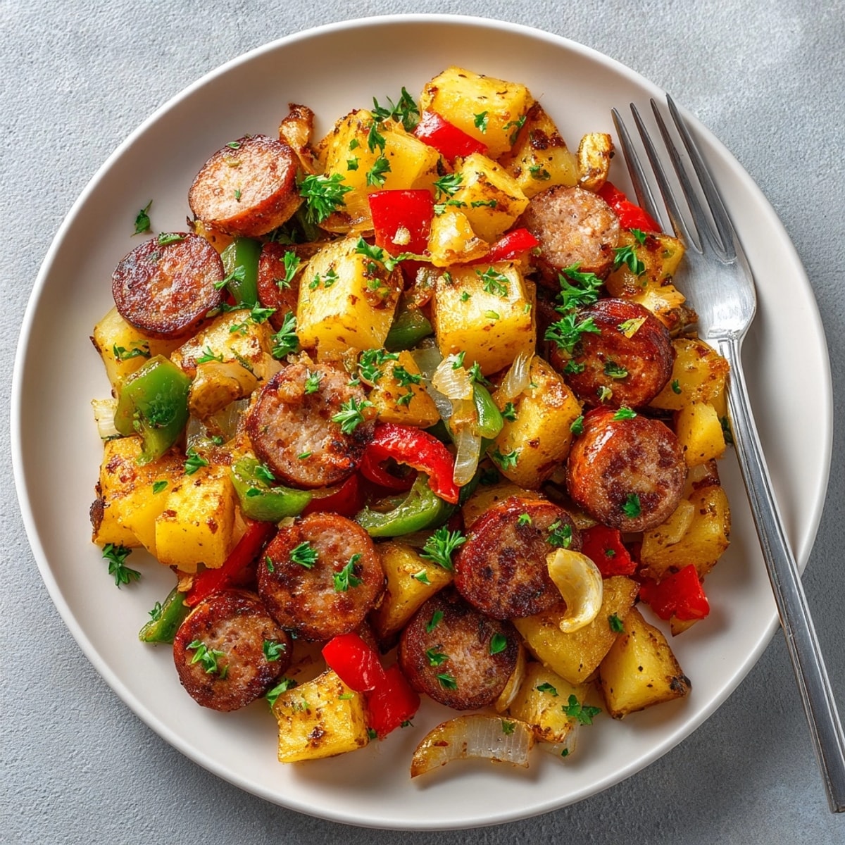 A bubbling skillet of sausage and potato hash, a hearty, home-cooked meal ready to enjoy.