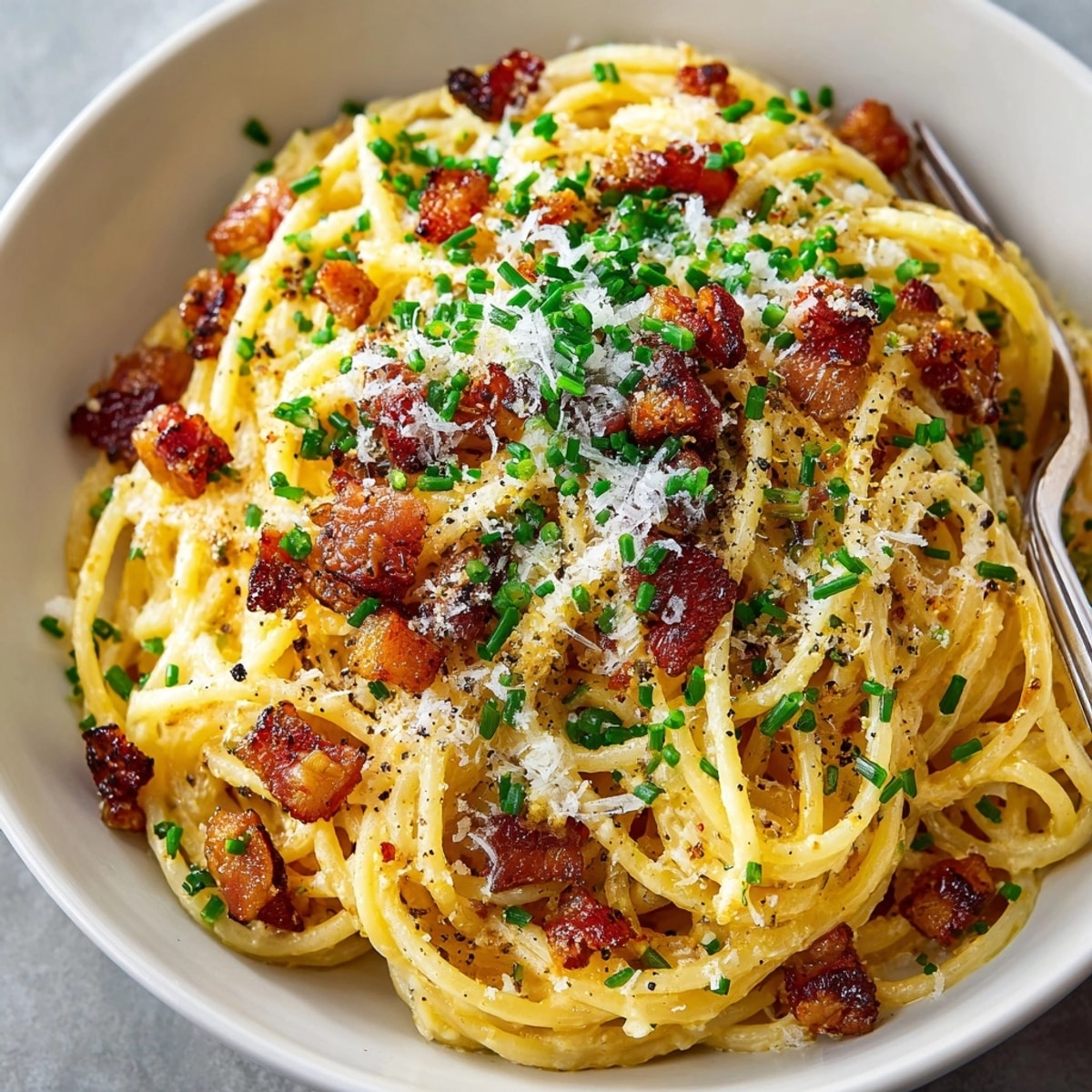 Bowl of creamy miso carbonara with umami black garlic, garnished with Parmesan and chives