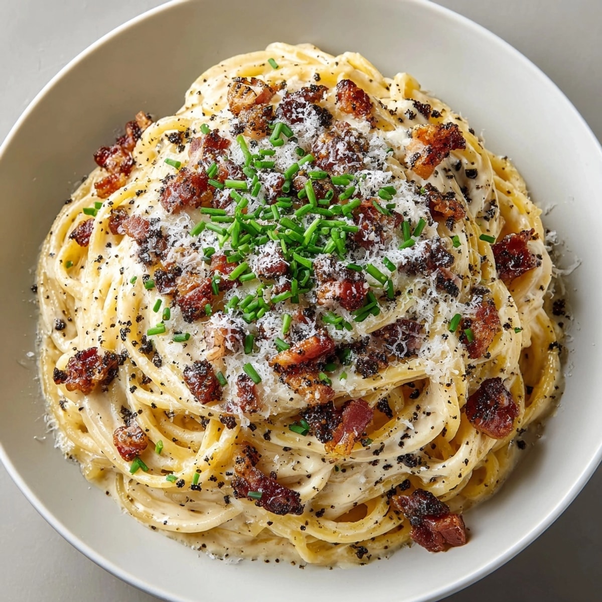 Fusion miso carbonara with umami black garlic, topped with green onions and extra cheese