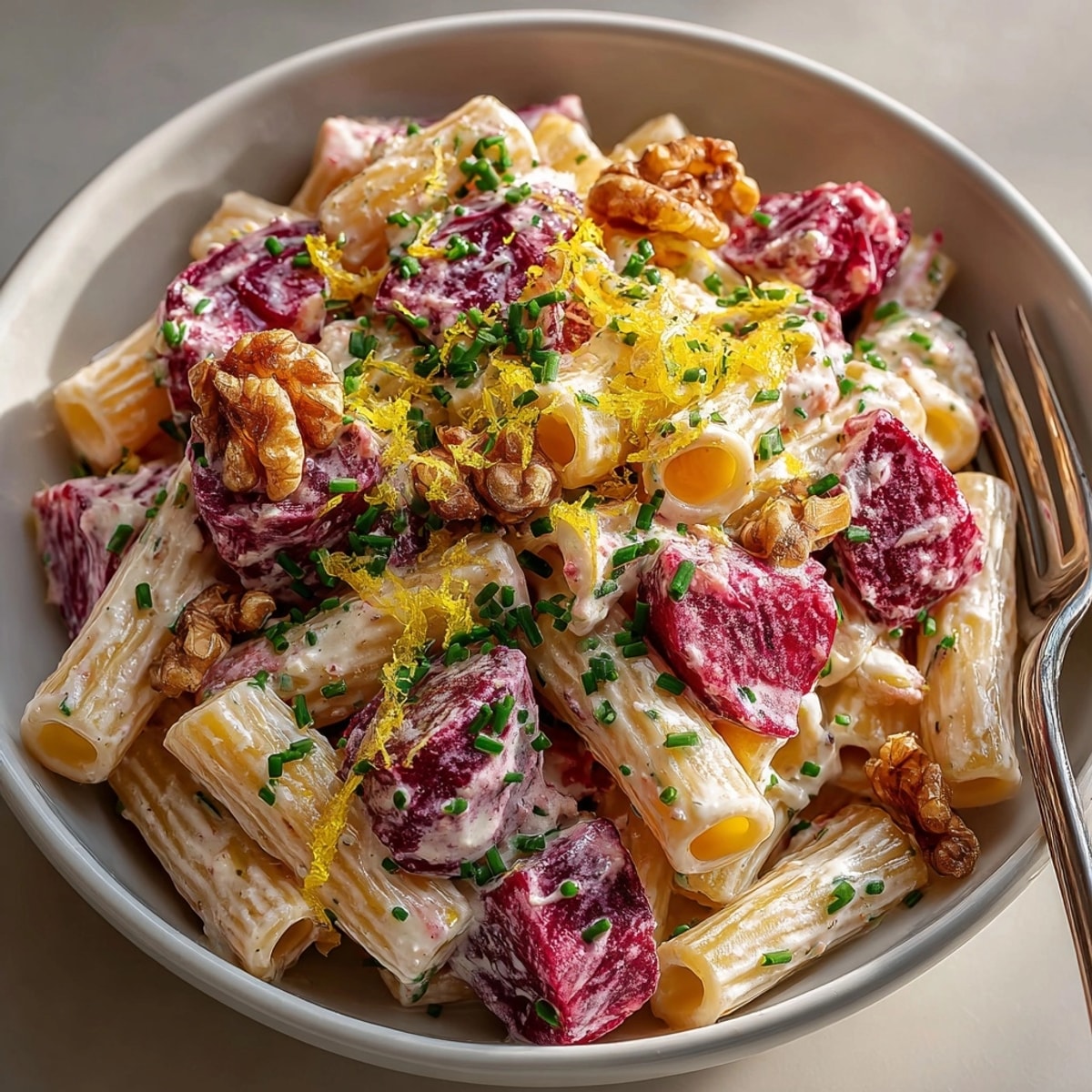 Beet and Goat Cheese Pasta with Candied Walnut Crunch plated with creamy sauce and vibrant colors.
